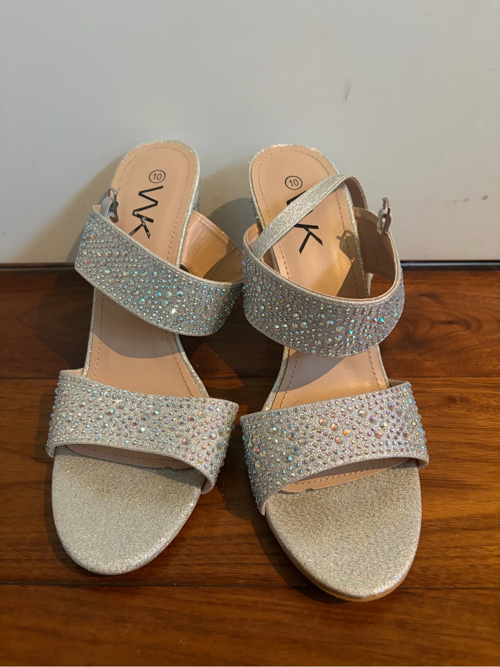 Silver Crystal Block Heel Sandals - Women's